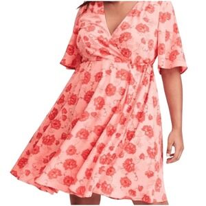 Torrid Sienna Garden Georgette Pink Floral Short Sleeve Faux Wrap Dress Size 24